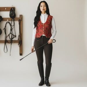 Hobby Horse Red Gold Brocade Western Equestrian Show Vest Medium Statement